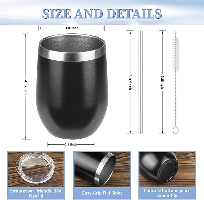 12oz/4 Pack Wine Tumbler with lid, Stainless Steel Travel Mugs Stemless Double Wall Insulated Coffee Cup, Insulated Wine Glasses Travel Tumbler for Cold & Hot Drinks(Black,4)