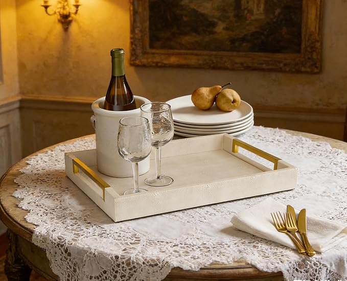 HofferRuffer Faux Leather Serving Tray with Gold Metal Handles, Stylish Decorative Tray Organizer for Coffee Table, Ottoman, Home Decor and Serving (LightGrey Shagreen, 16.2" x 12.2" x 2")