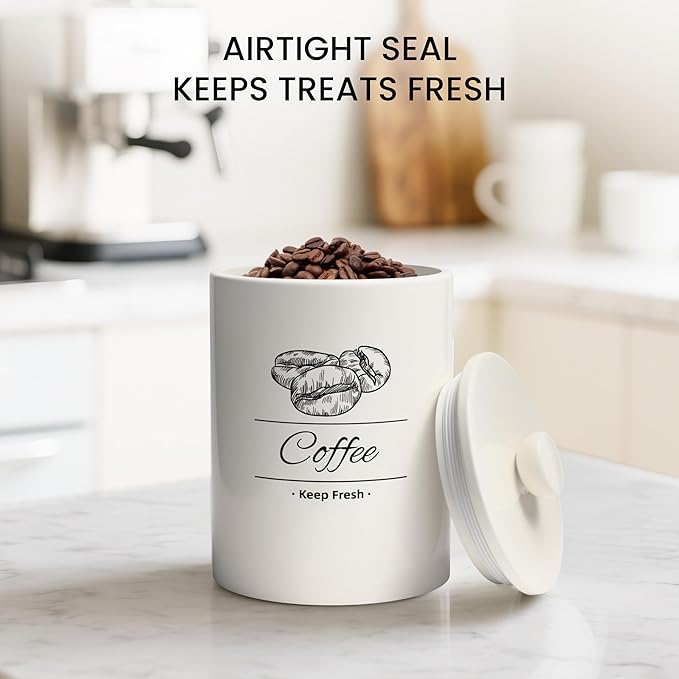 Airtight Coffee Canister - 66 fl oz / 2L Large White Ceramic Coffee Container Airtight - 5.5'' Round × 8.2'' Tall Coffee Bean Storage - Stylish Ceramic Coffee Jar With Lid for Grounds & Beans
