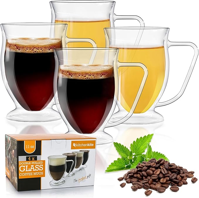 Double Wall Glass Coffee Mugs 11oz Set of 4, Insulated Borosilicate Glass Coffee Cups with Handle - Dishwasher & Microwave Safe Clear Mugs for Cappuccino, Latte, Espresso, Tea