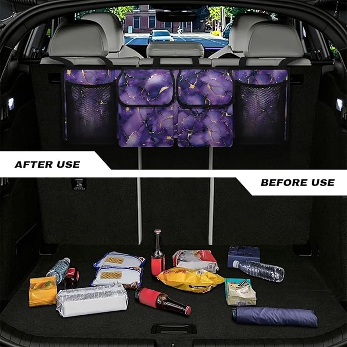 Purple Marble Hanging Trunk Organizer for SUV, Car Organizer, Waterproof Back Seat Organizer for SUV, Car Organizers and Storage with Adjustable Straps, Car Storage Organizer