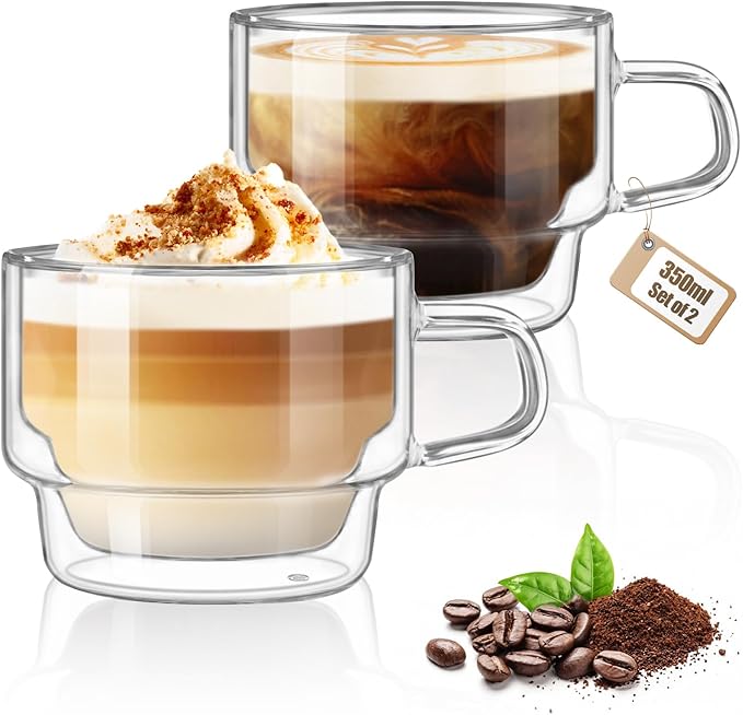 glastal 12 oz Latte Macchiato Glasses, Double-Walled Coffee Glasses, Set of 2, Glass Stackable Coffee Cups, Tea Glasses with Handle for Cappuccino, Tea, Milk, Gifts for Women Friends New Home Gift