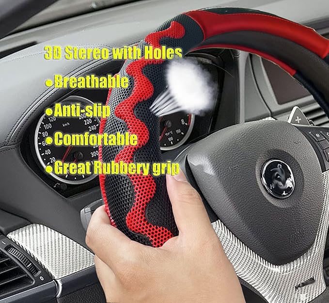 Sport Grip Car Steering Wheel Cover for Men Women, Non-Slip Breathable Carbon Fiber PU Leather Steering Wheel Protector 14.5~15 inch, Rubber Inner