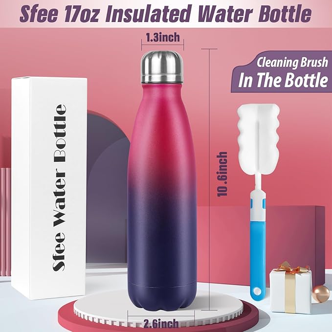 Sfee Insulated Water Bottle, 17 oz Stainless Steel Water Bottles, Double Wall Vacuum Reusable Water Bottles Leak Proof BPA-FREE Sports Bottle Cup Keep Hot&Cold for Running Gym Workout Cycling Kids