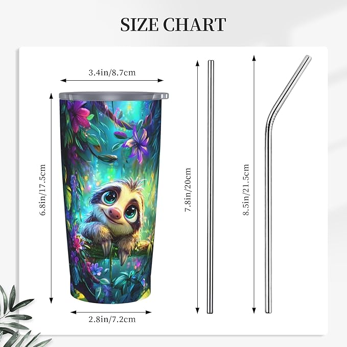 Sloth Tumbler with Lid and Straw 20oz Coffee Tumblers Leakproof Stainless Steel Travel Mug Vacuum Insulated Cup for Iced and Hot