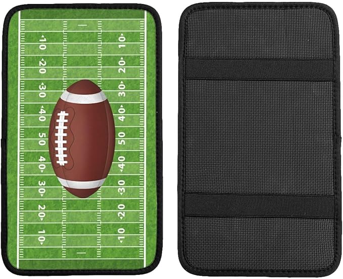 American Football Center Console Cover Pad, Rugby Field Car Armrest Seat Box Cover Cushion Universal for Most Vehicle SUV Truck, Car Interior Accessories Decor, Protect from Pet Claws & Dirt