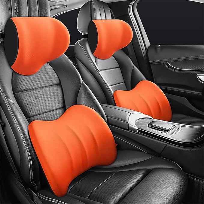 Car Headrest & Lumbar Support Cushion for Toyota RAV4 2012-2024, Ergonomic Car Seat Headrest Memory Foam Neck and Back Pillow Kit Breathable Removable for Driving Fatigue Relief,E/Orange