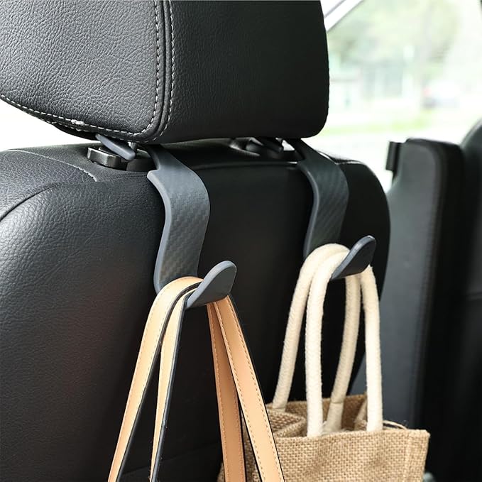 Hanemia 4PCS Car Seat Headrest Hooks, Auto Back Seat Hanger Holder, Durable Stylish Vehicle Organizer Universal Car Interior Accessories, Storage Hooks for Purses, Bags, Clothes (Carbon Fiber/Grey)