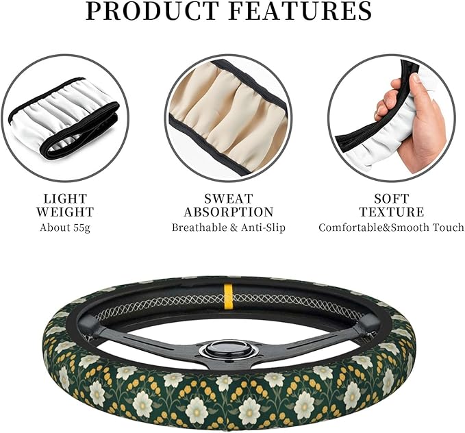 White Green Flowers Floral Neoprene Steering Wheel Covers Women Men Car Accessories, Universal 15 Inch Fit Auto, Suvs, Truck