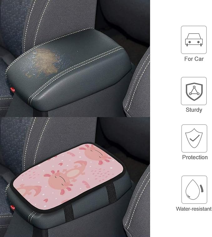 Axolotl Kawaii Car Center Console Cushion Pad,Waterproof Armrest Seat Box Cover Protector,Comfortable Car Decor Accessories Fit for Most Cars, Vehicles, SUVs