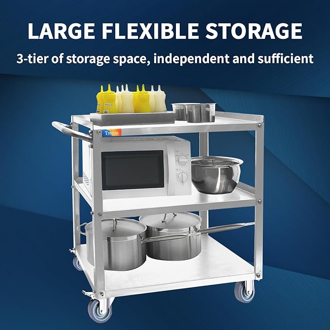 Treshin 3 Tier Stainless Steel Utility Cart Commercial Heavy Duty Rolling Cart Food Storage Service Trolley with Handle and Wheels for Kitchen Restaurant Hospita Lab and Hotel 16.5"W x 27.6"L x 31.9"H