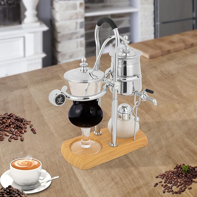 CNCEST Balance Siphon Coffee Maker, 400ml Belgian/Belgium Coffee Maker with Measuring Cup & Spoon for Personal Kitchens Coffee Shops Beverage Stores (Silver)