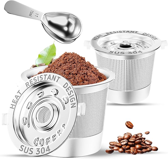 2 Pack Reusable K Cups Coffee Pods for Keurig Single Hole Machine: All Stainless Steel Refillable K Cups - Reusable Coffee Filters for Keurig, SUS 304‌, BPA-Free, Heat Resistant Handles, Scoop