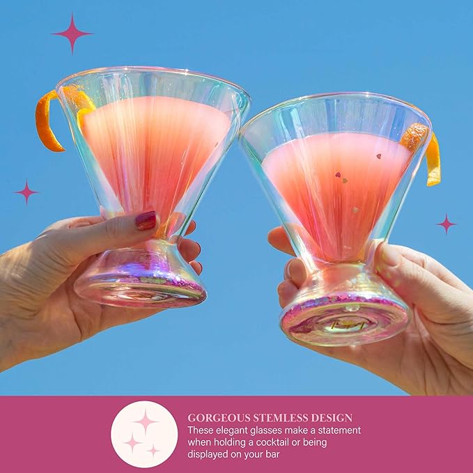 Paris Hilton 2-Piece Martini Glass Set, Double Wall Glass Design, Great for Martinis, Cocktails, Cosmopolitans, Margaritas, 207mL, 7-Ounce, Iridescent with Glitter Hearts