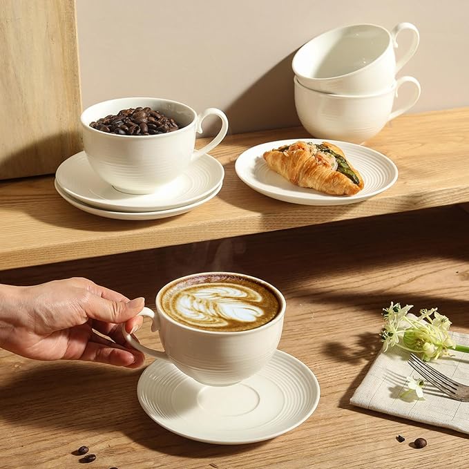 10OZ Porcelain Cappuccino Cups with Saucers, Ceramic Espresso Cups Set, White Coffee Cup and Saucer, White Tea Cup Set, Dishwasher & Microwave Safe, Gift for Anniversary or Housewarming (4PCS) ﻿