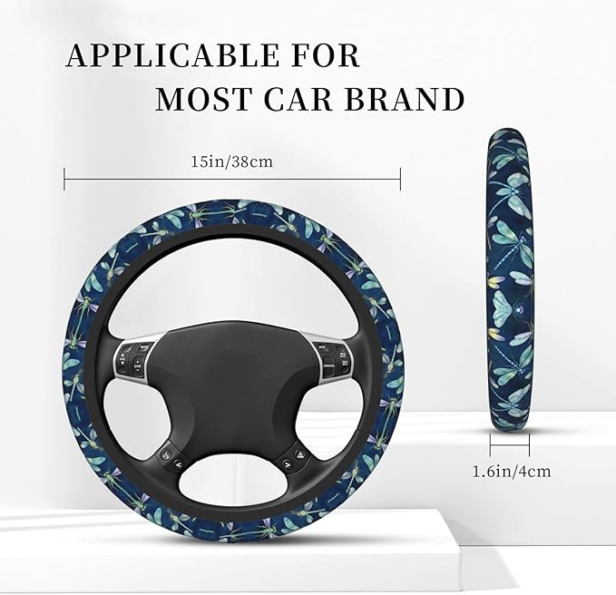 Watercolour Beautiful Dragonfly Insect Neoprene Steering Wheel Covers Women Men Car Accessories, Universal 15 Inch Fit Auto, Suvs, Truck