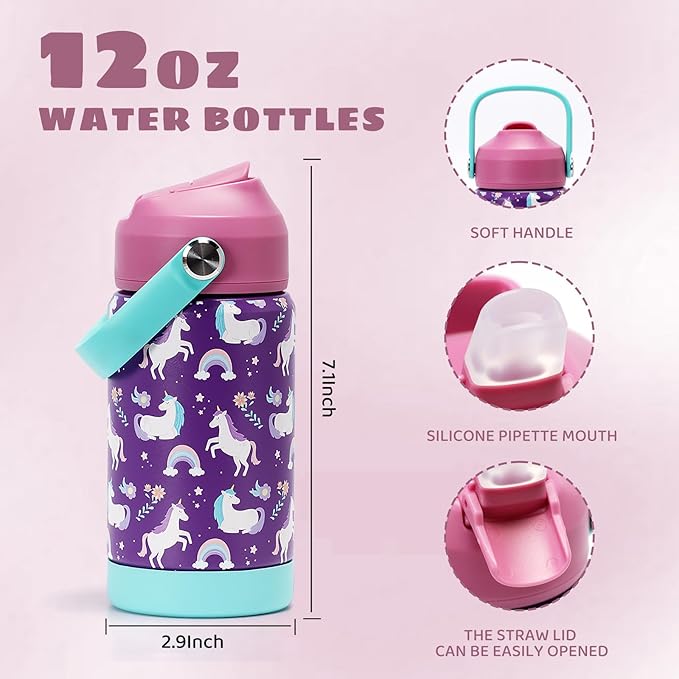 Kids Insulated Water Bottle with Straw Lid, 12 oz BPA-FREE Double Wall Vacuum Tumbler 18/8 Stainless Steel Leak Proof Kids Cups with Straw for School Travel Boys Girls (Unicorn)