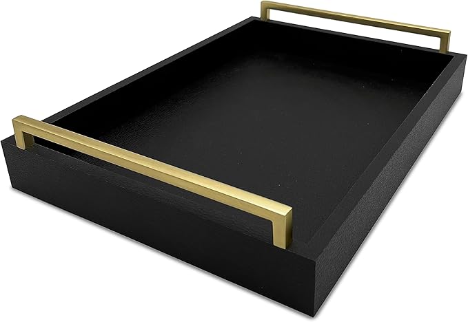 Decorative Coffee Table Tray - Shagreen Faux Leather - Ottoman Tray - Breakfast, Drinks, Liquor Serving Tray - Farmhouse to Modern - Brushed Champagne Gold Handles (Pitch Black)