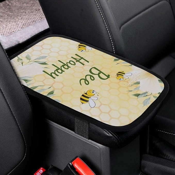 Bee Happy Bumble Bees Yellow Honeycomb Car Center Console Cushion Pad,Waterproof Armrest Seat Box Cover Protector,Comfortable Car Decor Accessories Fit for Most Cars, Vehicles, SUVs