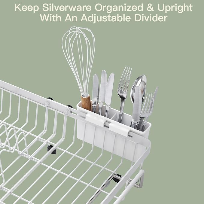 MAJALiS White Dish Drying Rack Over The Sink, Expandable Stainless Steel Dish Drainer for Small Kitchen Counter Space Saving, RV Compact Plate Strainer in Metal with Hanging Adjustable Utensil Holder