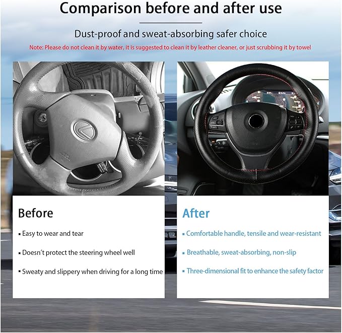 Kewucn Genuine Leather Steering Wheel Cover, 15" Universal Car Steering Wheel Protector with Needle Thread, Breathable Anti-Slip Steering Wheel Cover DIY Stitch on Wrap (Black & Red, Full Hole)