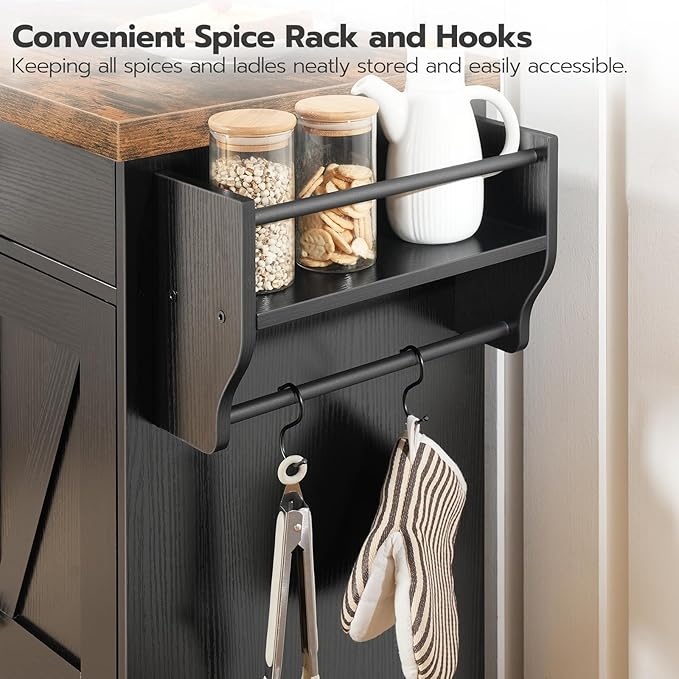 HOOBRO Kitchen Island with Power Outlet, 43.3" Rolling Island with Storage, Kitchen Cart with Spice Rack and Hooks, for Living Room, Rustic Brown and Black BF11UZD01
