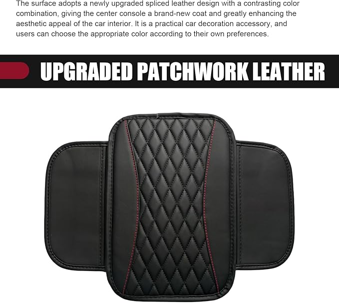 Car Center Console Cover, Upgraded Patchwork Leather Arm Rest Cover with Side Storage Pockets, Comfortable Auto Armrest Protector Cushion, Universal Middle Console Pad for SUV, Sedan (Black)