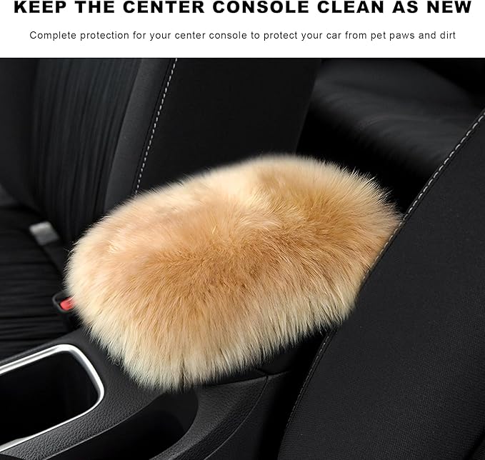 Furry Car Center Console Cover Pad, 11.8"×7.9" Auto Fluffy Plush Center Armrest Protective Cover, Comfortable Fuzzy Armrest Seat Box Protector Cushion for Cars Trucks SUVs (Light Camel)