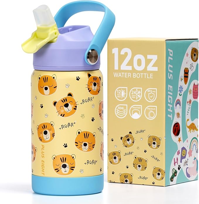 Kids Insulated Water Bottle with Straw Lid, 12 oz BPA-FREE Double Wall Vacuum Tumbler 18/8 Stainless Steel Leak Proof Kids Cups with Straw for School Travel Boys Girls (Tiger)