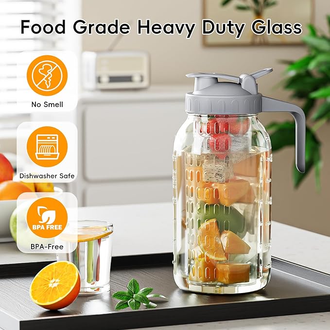 64 oz Fruit Water Infuser Pitcher, Heavy Duty Wide Mouth Glass Pitcher with Lid and Pour Spout, Tea Jug Airtight Seal for Freshness and Convenience, Great for Cold Beverages, Breast Milk