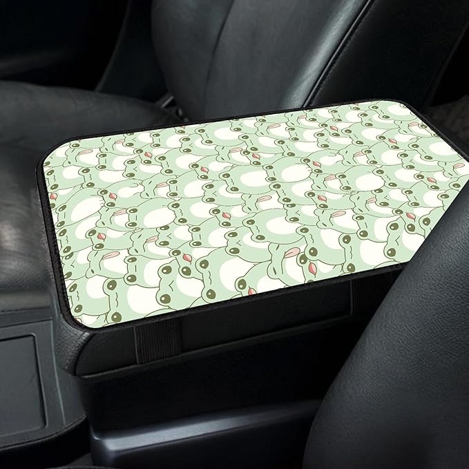 Car Center Console Cover, Universal Soft Large Neoprene Auto Armrest Seat Box Cover, Funny Car Decor Accessories Fit for Most Cars, Vehicles, SUVs Cute Green Frog
