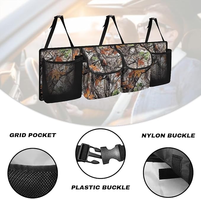 Car Storage Organizer New Version, Woods Camouflage Hanging Trunk Organizer with 4 Functional Storage Bags, Car Trunk Storage Bag for SUV Truck MPV VAN