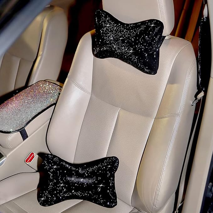 2Pcs Neck Rest for Car Neck Pillow for Driver, Auto Seat Headrest Cushion Driving Relax Necksupport Black Diamonds Bling Car Accessories for Women Men High Grade