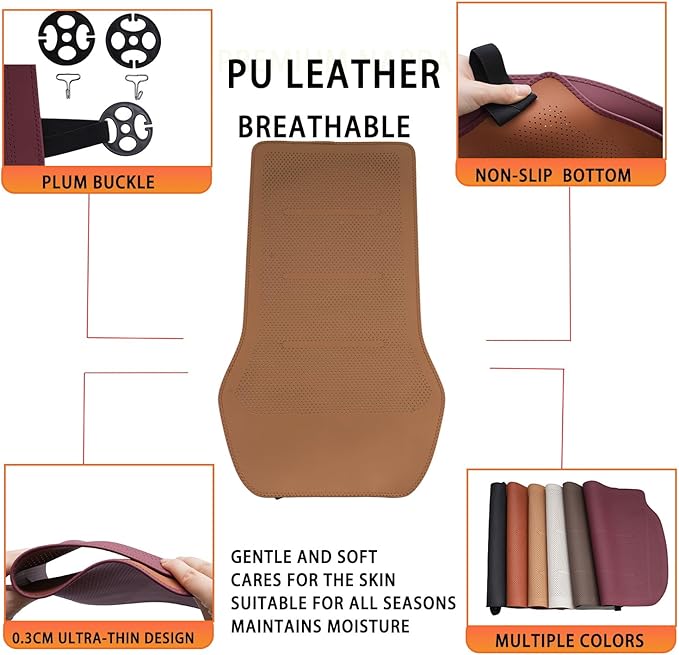 ontto 2 PCS Car Seat Back Lumbar Cushions for Driving Universal Car Seat Protector with Buckle Fixing,Non-Slip Backing Will Not Leave Imprint,Ventilated PU Leather Seat Mat,Light Brown