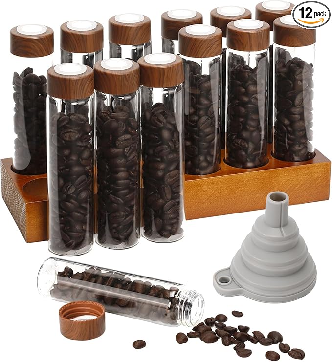 12 Pcs Single Dose Coffee Bean Storage Tubes, Coffee Bean Container for Espresso with One-Way Valve, Espresso Storage kit with Walnut Stand, Collapsible Silicone Funnel & Labels