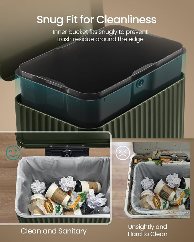 SONGMICS Trash Can, 13 Gallon (50 L) Garbage Can for Kitchen, with Lid, Pedal, and Removable Inner Bucket, Soft Close, Stainless Steel, 15 Trash Bags (Code K) Included, Green ULTB586CZ01
