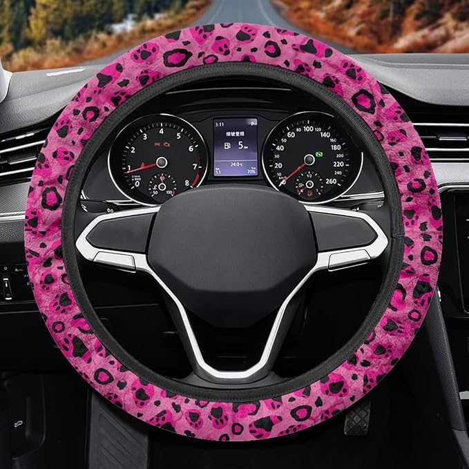 Universal Non-Slip Steering Wheel Cover, 15-inch Polyester Material Driving Accessories, Adjustable for Car and Truck(Cool Purple Leopard Print)