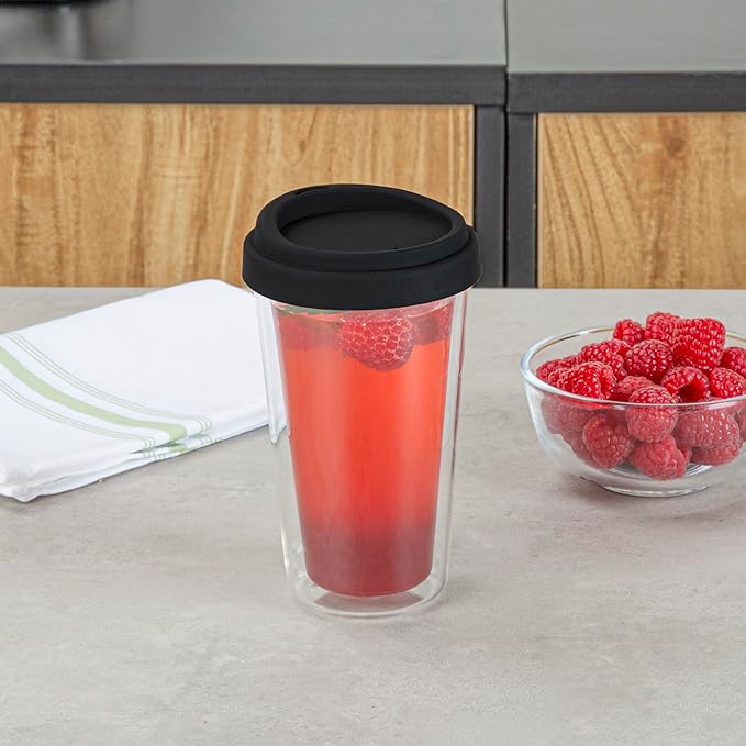Restaurantware - Forma Professional 13.5 Ounce Insulated Travel Mugs With Lids, 10 Double Wall Coffee Mugs - Includes Lids, Reusable, Clear Borosilicate Glass Tumblers, Dishwashable, Microwavable