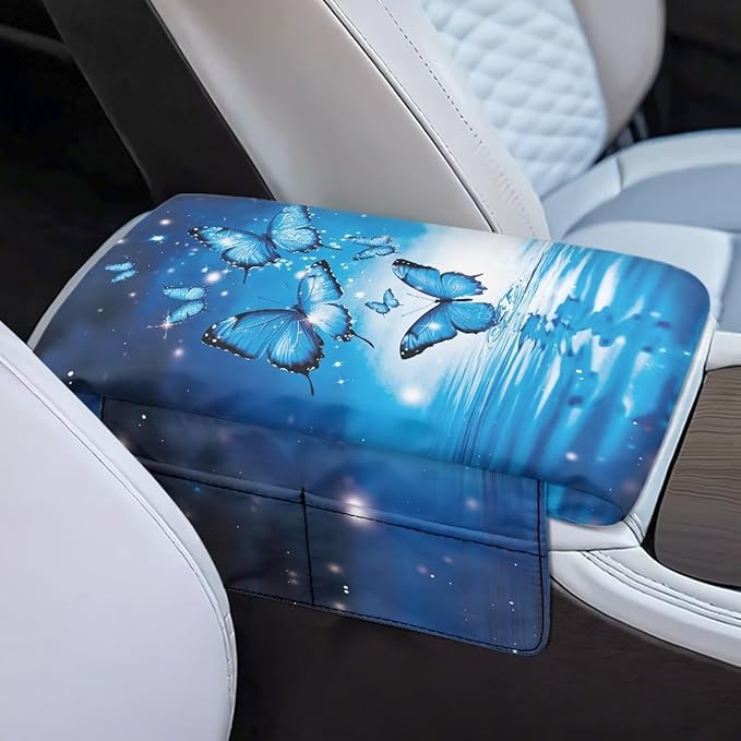 Dreaweet Car Armrest Cover Blue Butterfly Car Accessories Thick Center Console Cover Pad Universal Arm Rest Cover for Car Console Covers with Pockets for Truck Sedan SUV