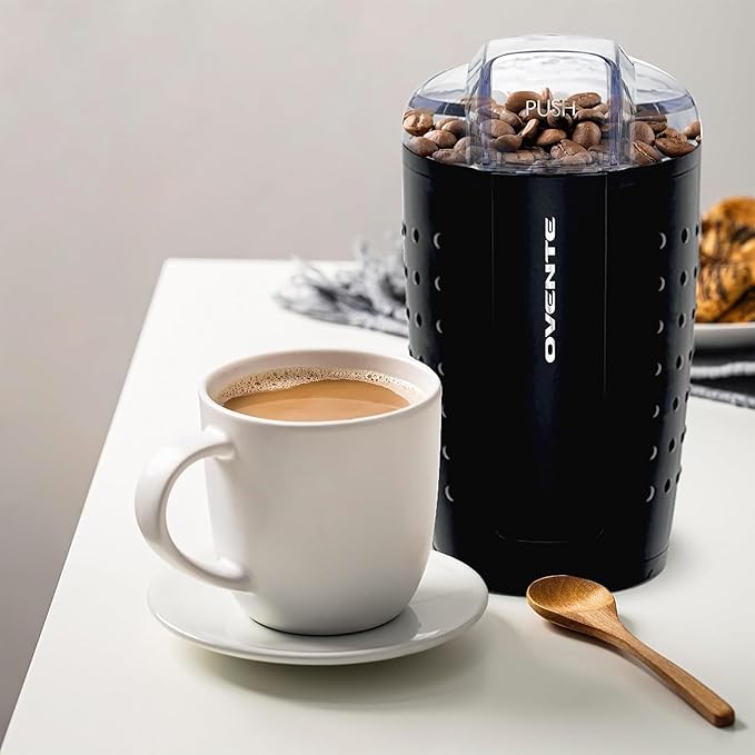 OVENTE Electric Coffee Grinder, Coffee Mill and Spice Grinder with 2.5oz Capacity, 150W Motor, One Touch Push-Button & Stainless Steel Blades for Uniform Grinding of Beans, Herb or Nuts, Black CG225B