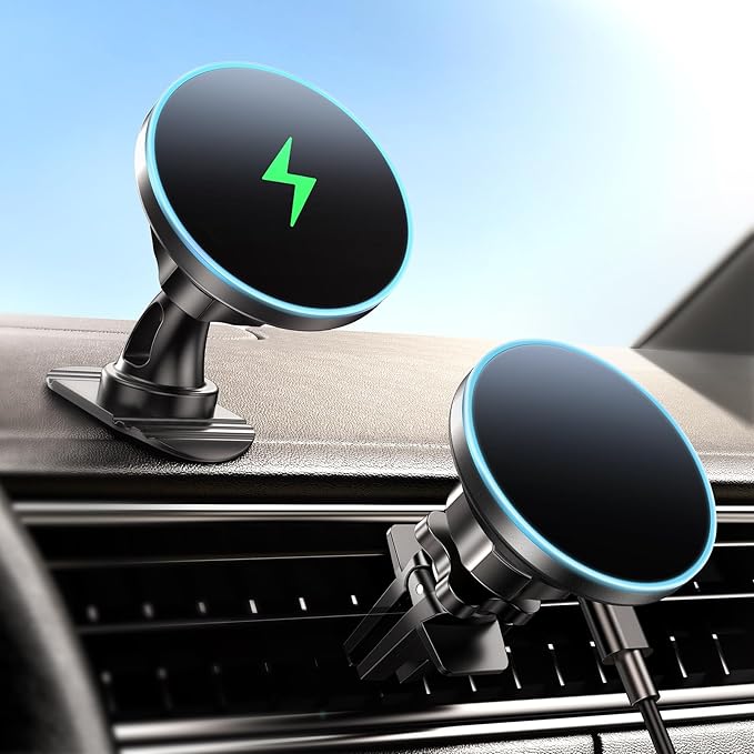 for Magsafe Car Mount Charger, [2025 Upgrade] 15W 2in1 Magnetic Wireless Car Charger, fits for Magsafe Car Charger, Vent/Dashboard Phone Holder for iPhone 17 16 15 14 13 12 Series(Cyan)
