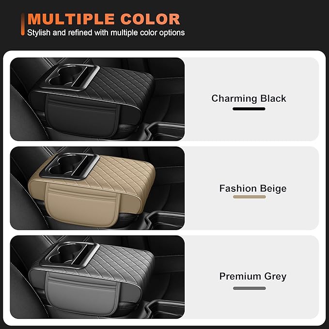 Center Console Cover Fit for Kia Forte 2010-2024 with 2 Storage Bags Waterproof Leather Quilted Pattern Car Armrest Cover Cushion Elevating Pad Anti-Slip(Grey)