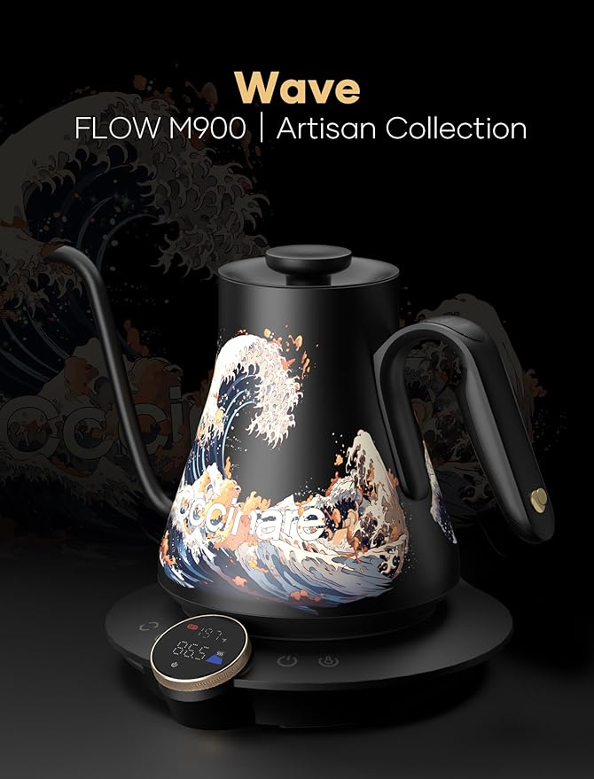 Cocinare Artisan Collection Wave Gooseneck Electric Kettle, ±0.5℉ Precise Temperature Control for Pour-Over Coffee & Tea, Quick Heating 1500W, Stainless Steel Interior, 0.9L