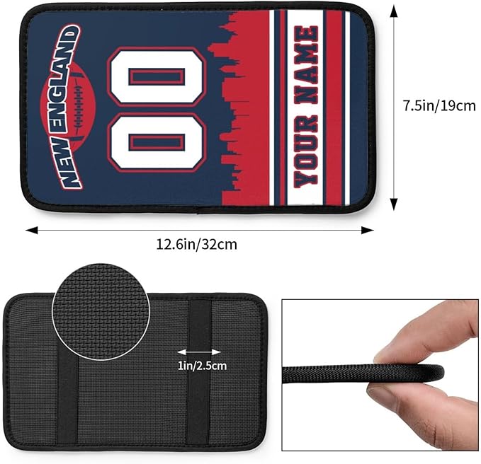 Custom New England Car Armrest Covers Personalized Football Style with Name Number Customized Auto Center Console Pad Car Handrail Box Cushion for Most Vehicle Decor Accessories, Fans Gift
