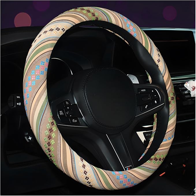 Boho Steering Wheel Cover, 15.0"×15.0" Anti-Slip Baja Blanket Ethnic Steering Wheel Protector, Breathable Flax Cloth Elastic Bohemian Steering Wheel Cover, Car Accessories (Style G)