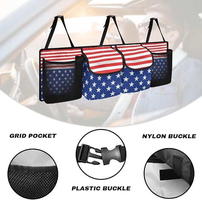 American Flag Car Trunk Organizer, Backseat Hanging Large Storage with Adjustable Straps & 4 Pockets, Waterproof Collapsible Cargo Bag, Car Interior Accessories for SUV, Truck, Van