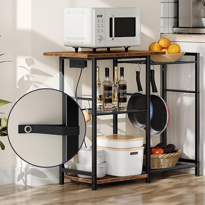 HOOBRO Bakers Rack with Power Outlet, Microwave Stand with Pots Rack, Kitchen Stand, Coffee Bar Table with 6 S Hooks, Kitchen Utility Storage Shelf for Spices, Pots, Black and Rustic Brown BF15UHB01G1