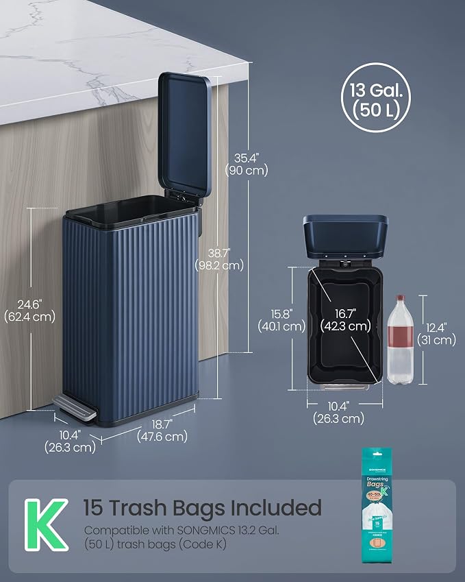 SONGMICS Trash Can, 13 Gallon (50 L) Slim Garbage Can for Kitchen, with Soft-Close Lid, Pedal, Removable Inner Bucket, Stainless Steel, 15 Trash Bags, Space-Saving, Midnight Blue ULTB350QZ01