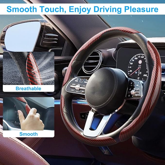 Carbon Fiber Steering Wheel Cover 3PCS, Non-Slip Grip for Universal Cars,Fit for 14–16 Inch Wheels, Interior Accessories for Cars Trucks (red)