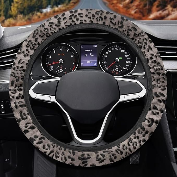 Universal Non-Slip Steering Wheel Cover, 15-inch Polyester Material Driving Accessories, Adjustable for Car and Truck(Vintage Charcoal Leopard)